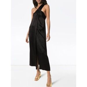Nanushka Zena Satin One Shoulder Twist Leg Slit Midi Dress Black Sz L